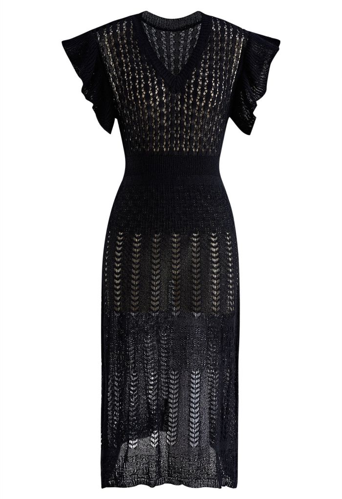 Flutter Sleeves Pointelle Knit Cover Up in Black