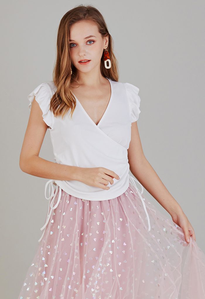 Drawstring Faux-Wrap Ruffle Sleeveless Top in White