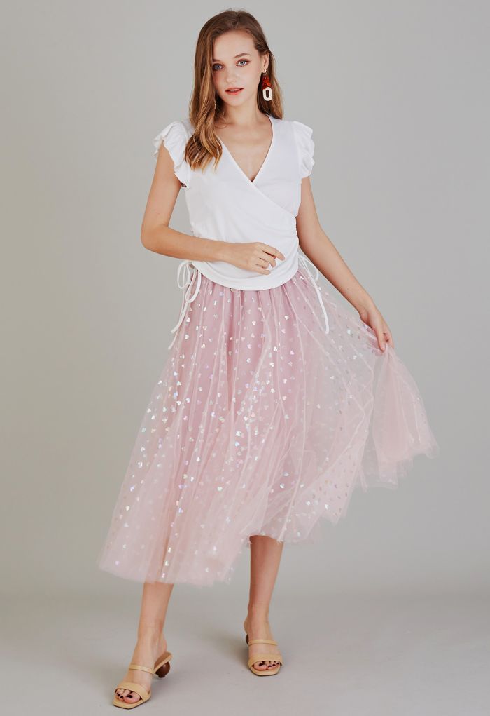 Iridescent Hearts Mesh Tulle Midi Skirt in Pink