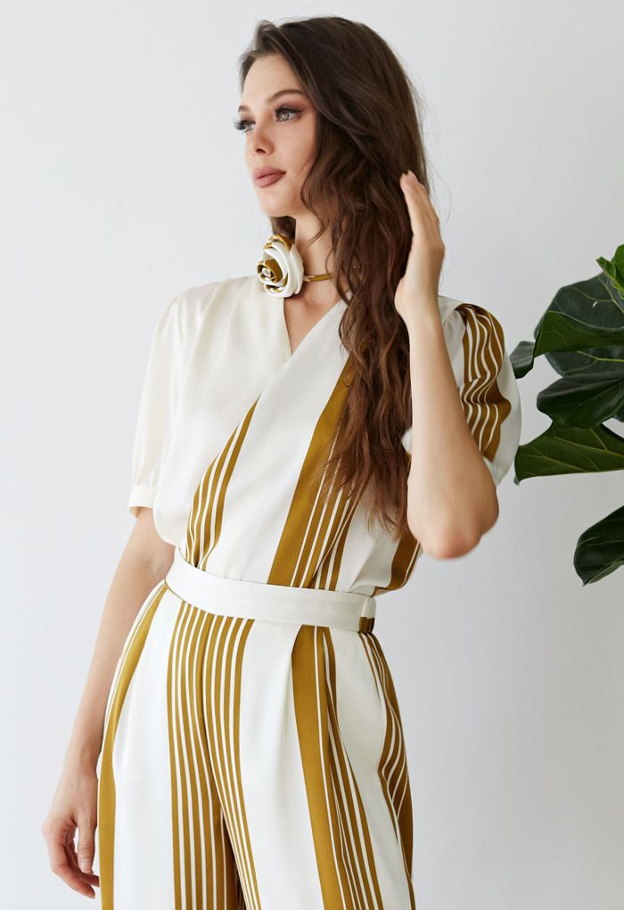Contrast Stripe Flower Choker Wrap Top in Mustard