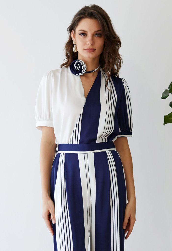 Contrast Stripe Flower Choker Wrap Top in Navy