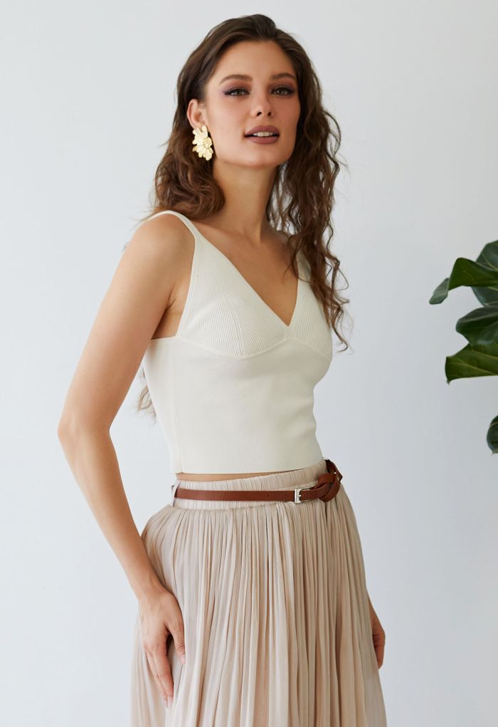 V-Neck Rib Cami Crop Top in Ivory