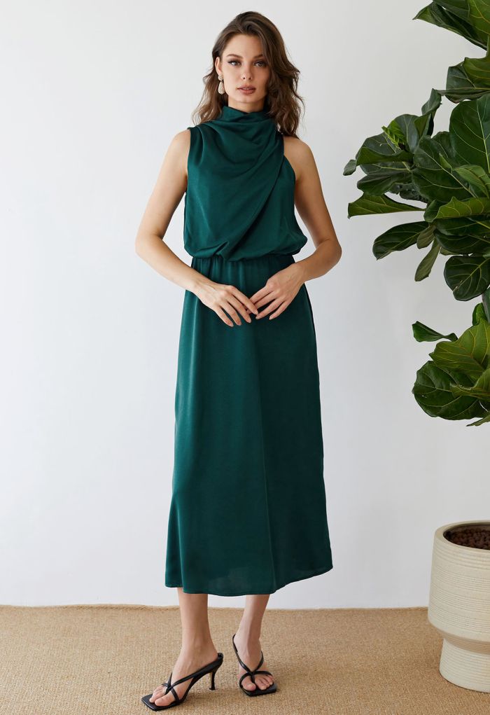 Asymmetric Ruched Neckline Sleeveless Dress in Dark Green