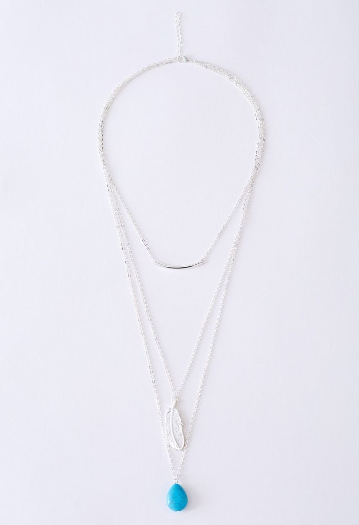 Turquoise Feather Pendant Multi-Layered Necklace in Silver