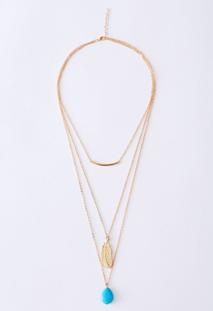 Turquoise Feather Pendant Multi-Layered Necklace in Gold