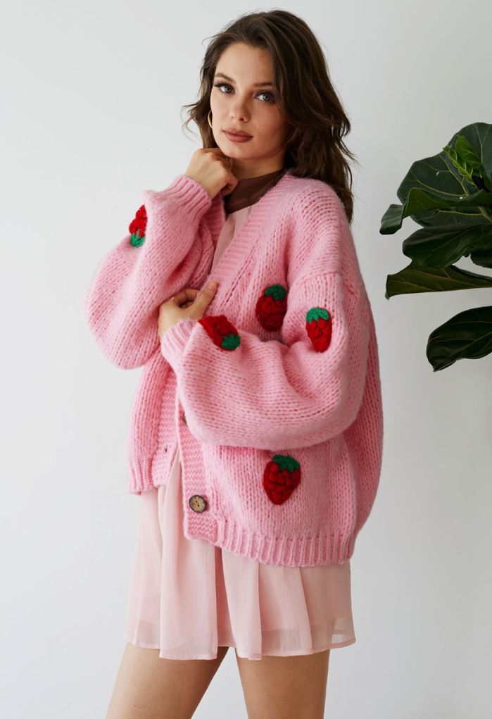 Stitch Strawberry Button Up Hand Knit Cardigan in Candy Pink