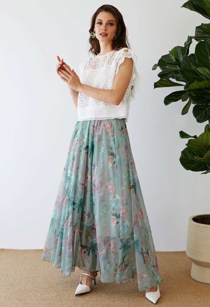 Exuberant Floral Chiffon Maxi Skirt in Green