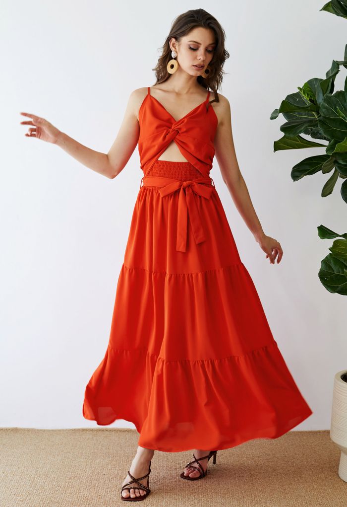 Twist Cutout Shirred Cami Maxi Dress in Orange