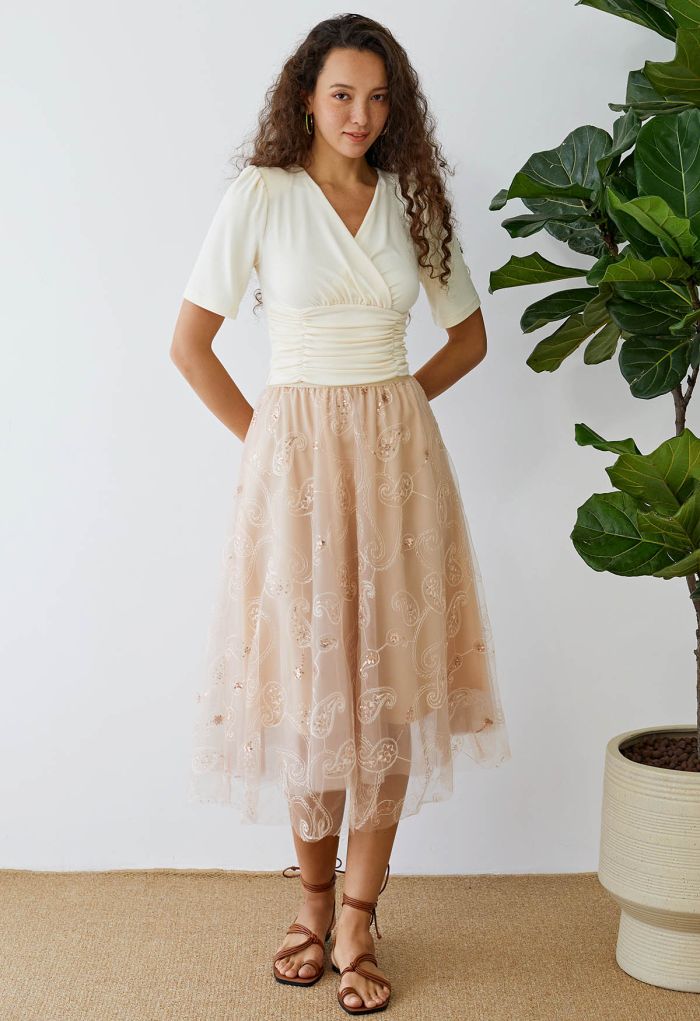 Sequined Embroidered Paisley Mesh Midi Skirt in Apricot