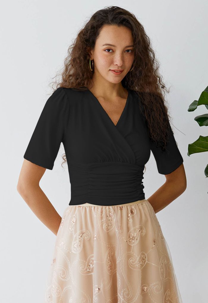 Ruched Waist Faux-Wrap Top in Black