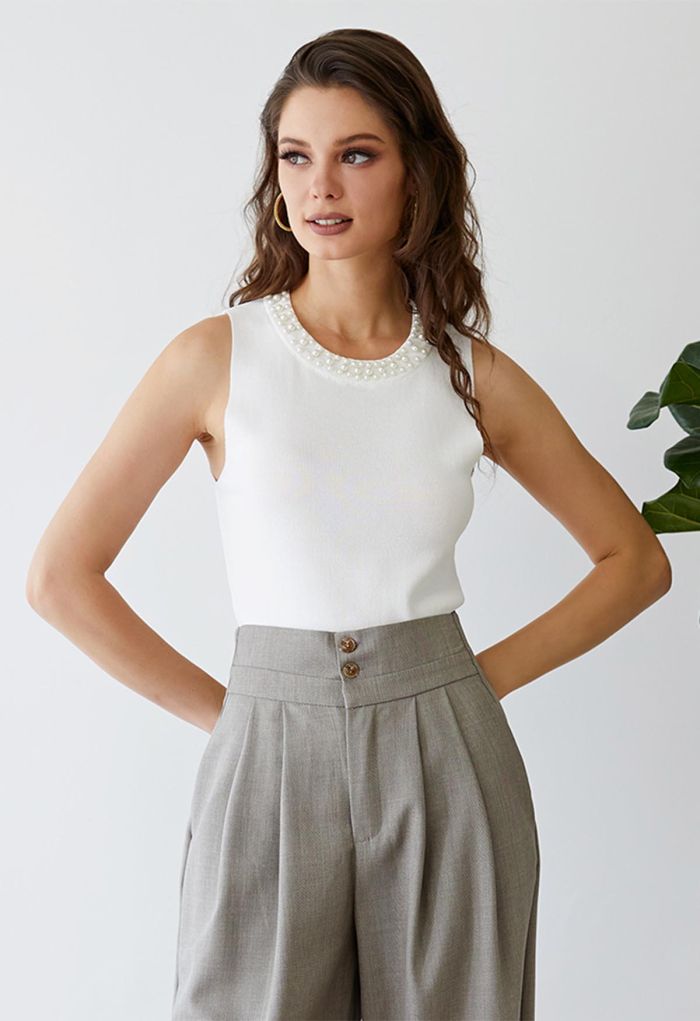Pearly Neckline Knit Tank Top in White
