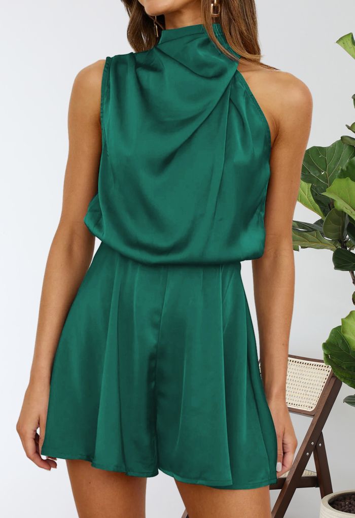 Satin Asymmetric Ruched Neckline Sleeveless Playsuit in Dark Green