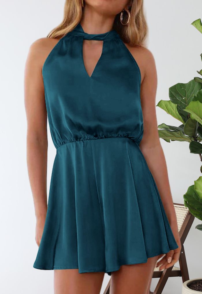 Halter Neck Cutout Satin Playsuit in Teal