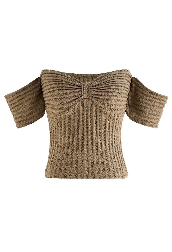 Front Knot Off-Shoulder Crop Top in Tan
