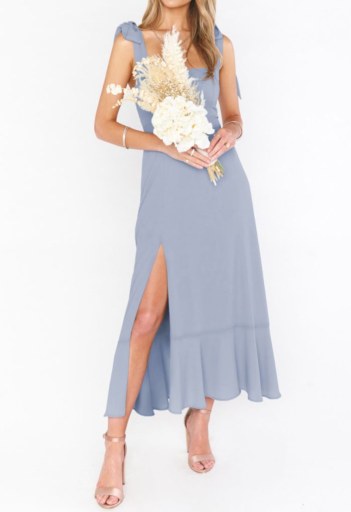 Ruffle Hem Tie-Shoulder Cami Dress in Dusty Blue
