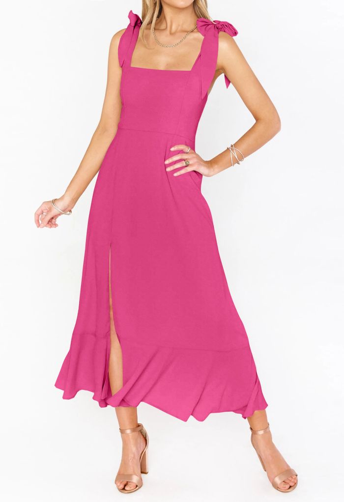 Ruffle Hem Tie-Shoulder Cami Dress in Hot Pink