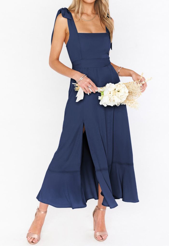 Ruffle Hem Tie-Shoulder Cami Dress in Navy