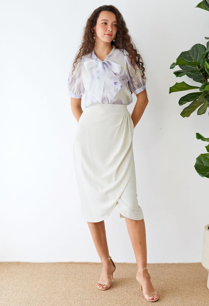 Side Pleated Tulip Midi Skirt in Ivory