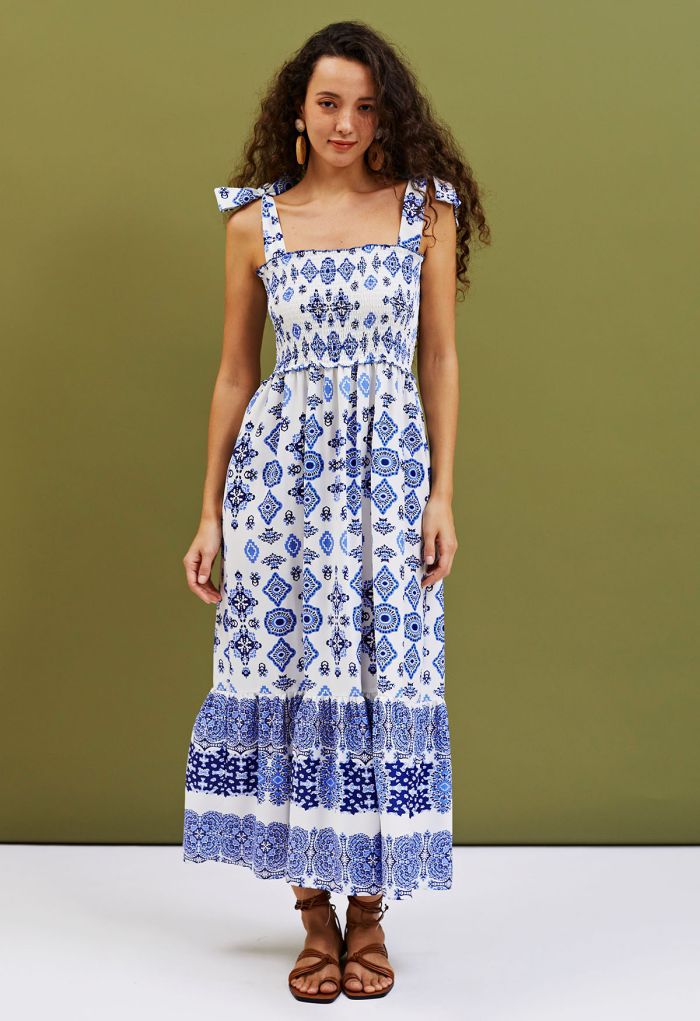 Blue Tiles Printed Tie-Strap Maxi Dress