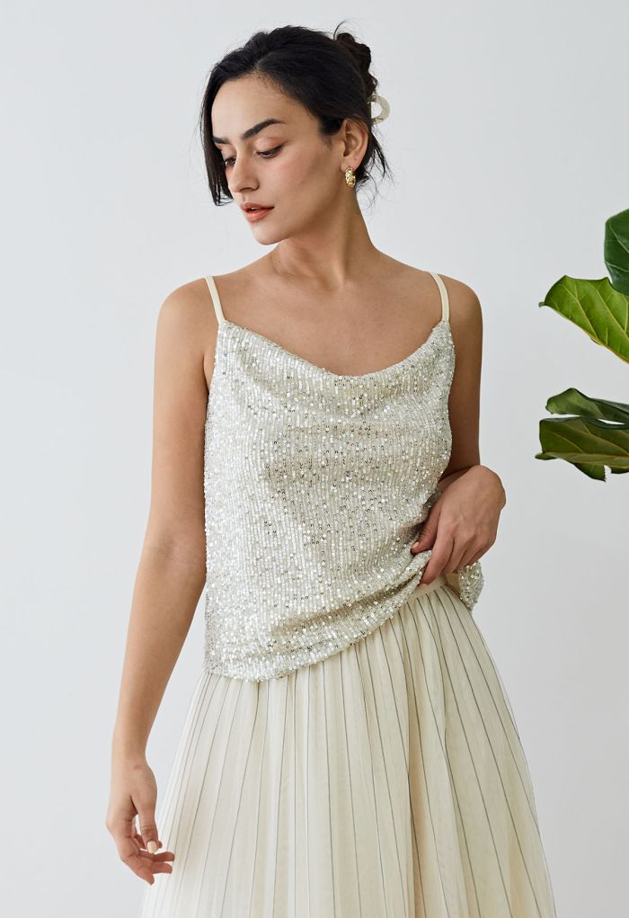 Cowl Neck Sequined Cami Top in Silver