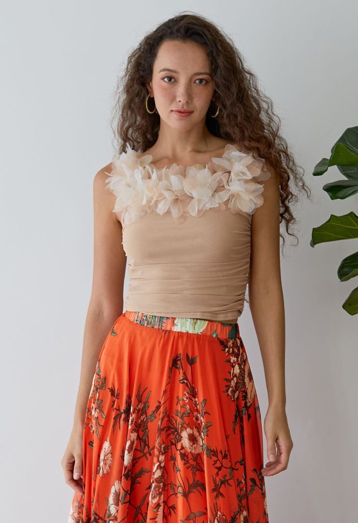 3D Petal Ruched Soft Mesh Cami Top in Light Tan