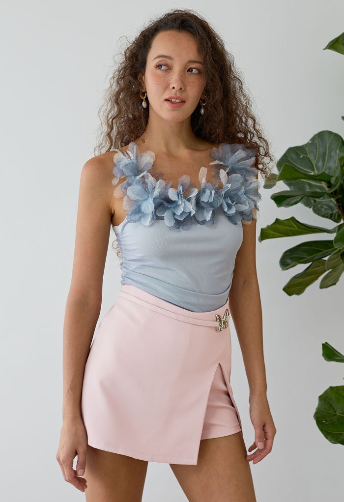 3D Petal Ruched Soft Mesh Cami Top in Dusty Blue