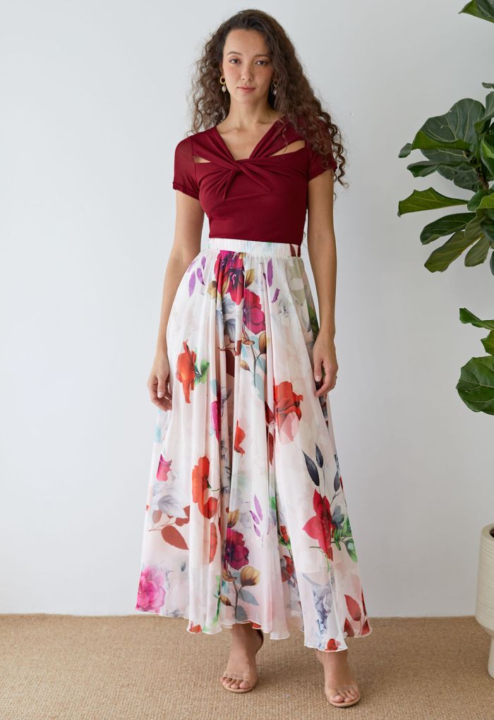 Best Blooms Rose Printed Chiffon Maxi Skirt in Blush