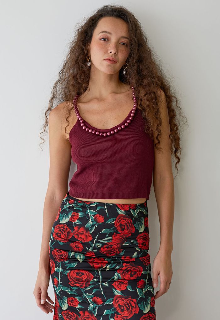 Beaded Strap Knit Crop Top in Red