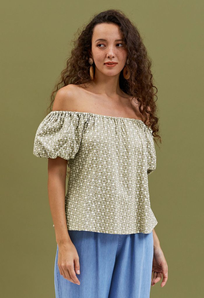 Floret Embroidered Eyelet Off-Shoulder Dolly Top in Sage