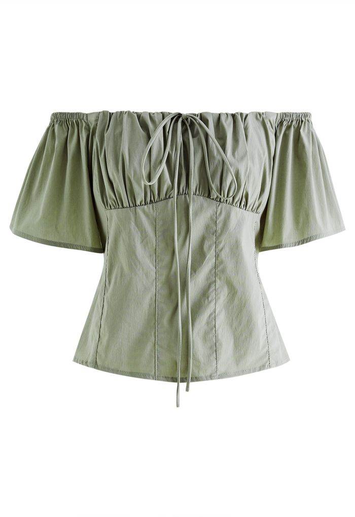 Off-Shoulder Tie-String Crop Top in Pea Green