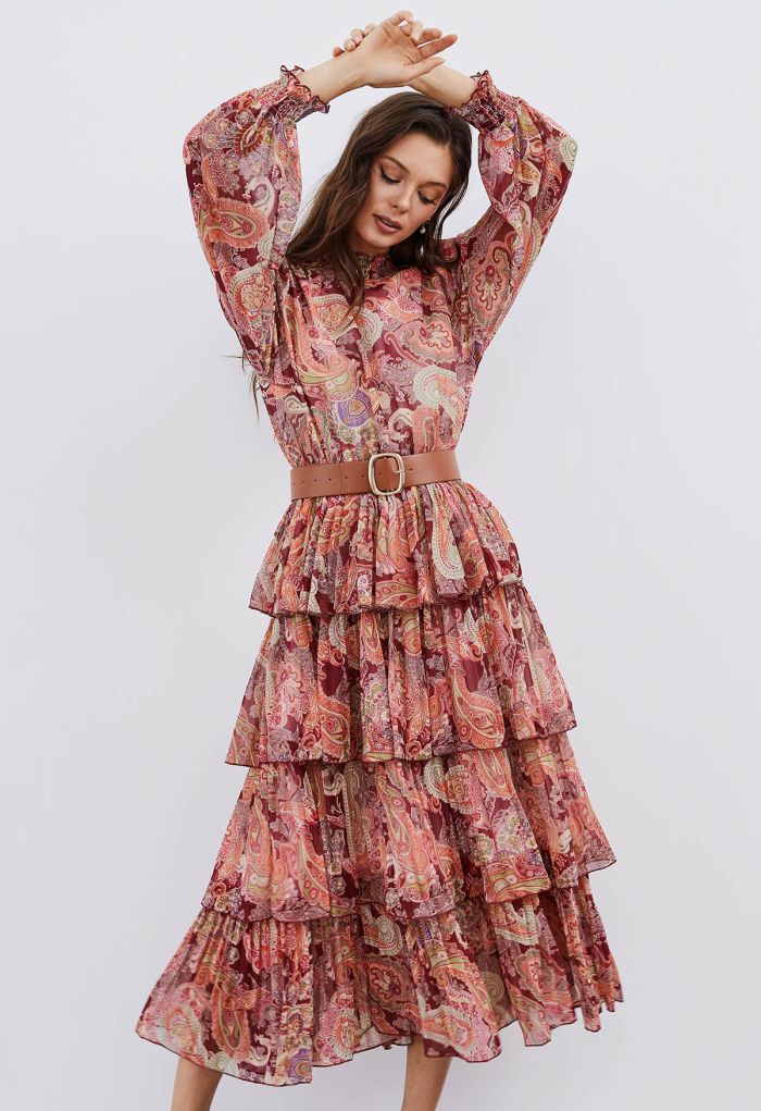 Paisley Printed Belted Tiered Chiffon Dress in Red