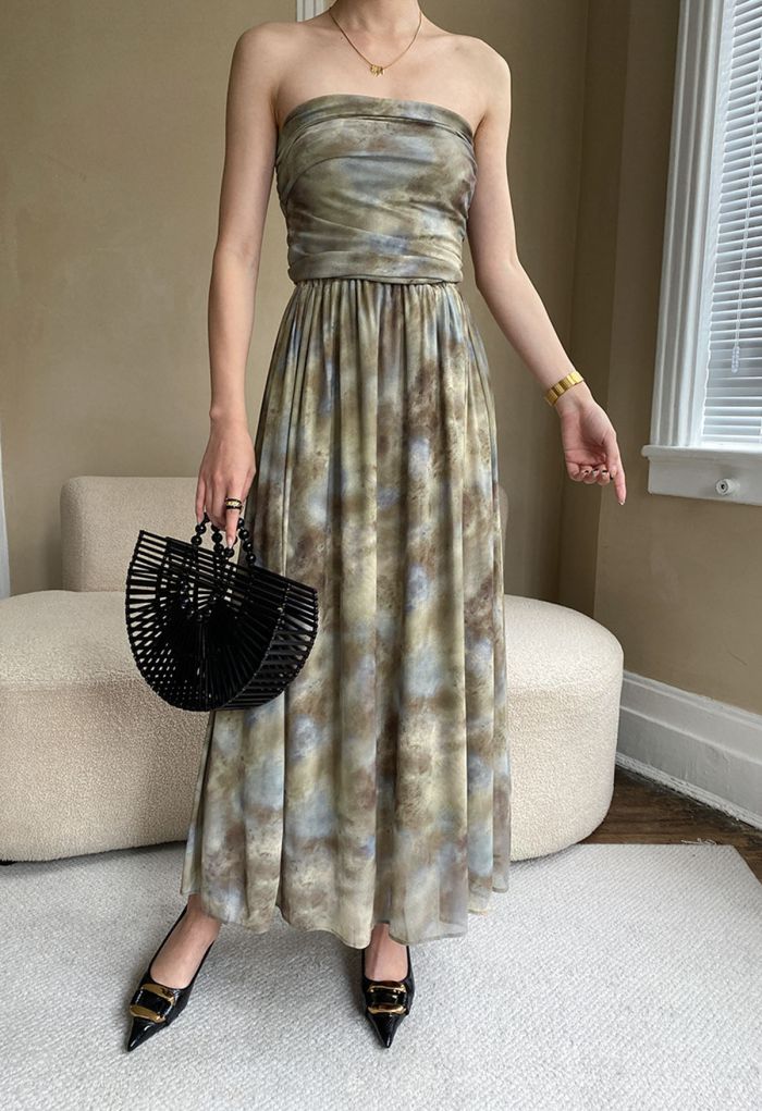 Watercolor Soft Mesh Ruched Tube Top and Maxi Skirt Set
