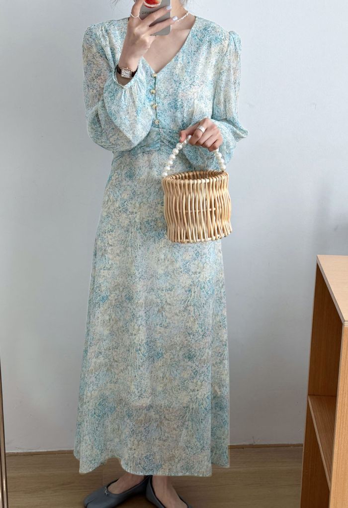 V-Neck Spots Tie Waist Chiffon Dress in Blue