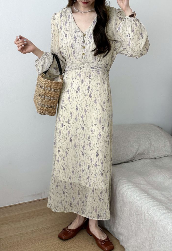 V-Neck Floral Tie Waist Chiffon Dress in Light Yellow