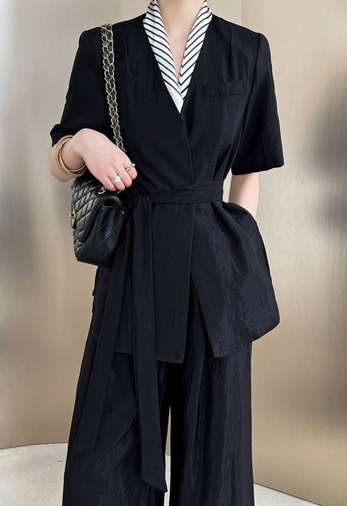 V-Neck Short-Sleeve Blazer and Wide-Leg Pants Set in Black