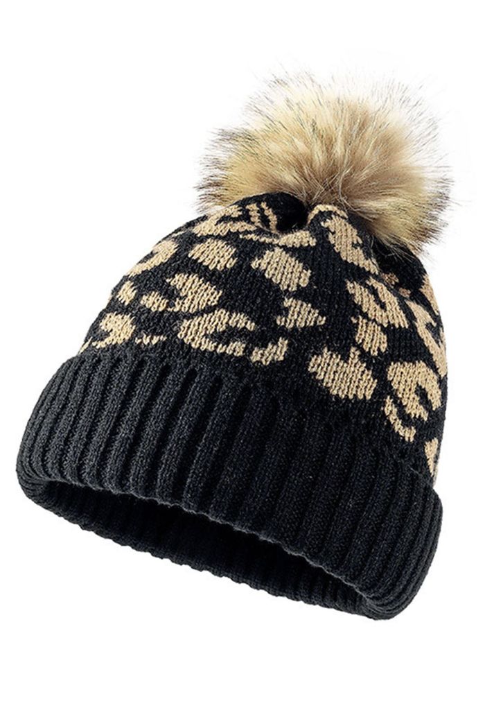 Fuzzy Pom-Pom Leopard Knit Beanie Hat in Black