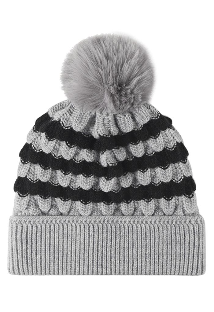 Color Block Pom-Pom Beanie Hat in Grey