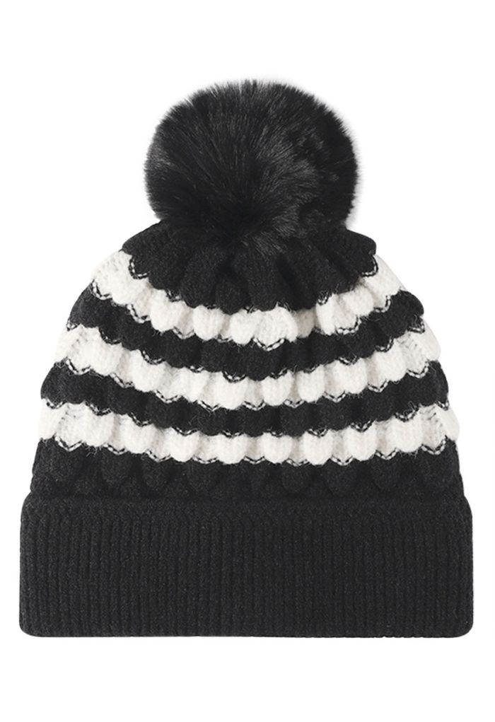 Color Block Pom-Pom Beanie Hat in Black