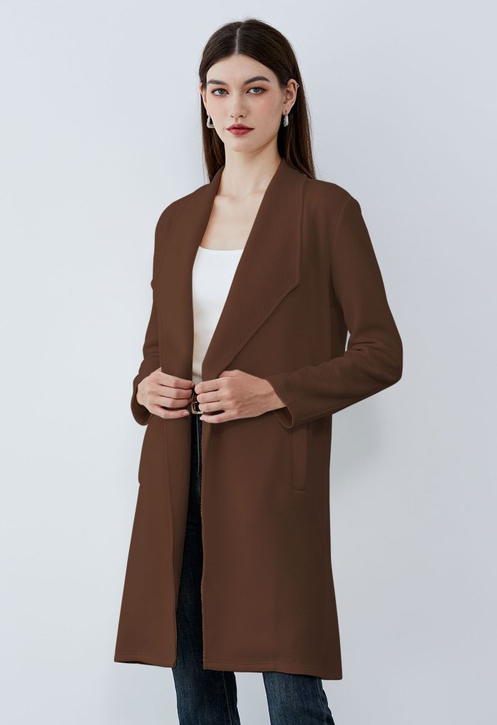 Lapel Open Front Quilted Cotton-Blend Coat in Brown