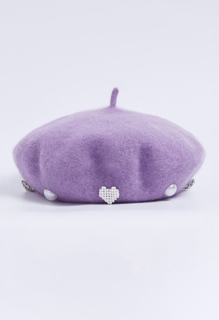 Rhinestone Decor Pearly Beret in Lilac