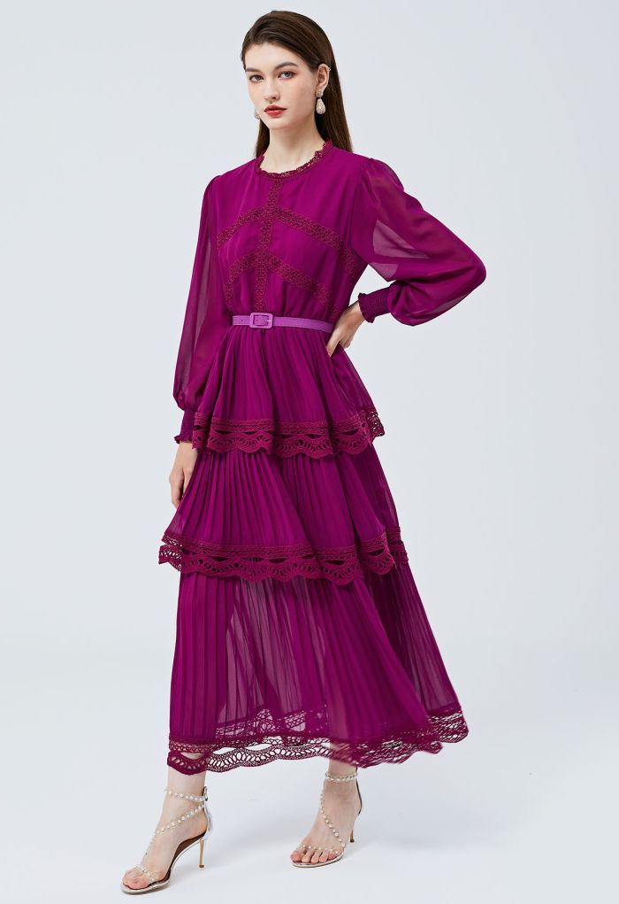 Crochet Lace Pleated Tiered Chiffon Maxi Dress in Burgundy