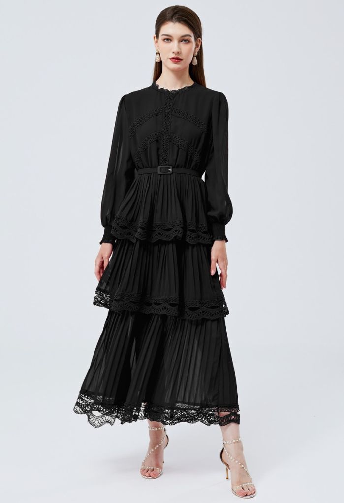 Crochet Lace Pleated Tiered Chiffon Maxi Dress in Black