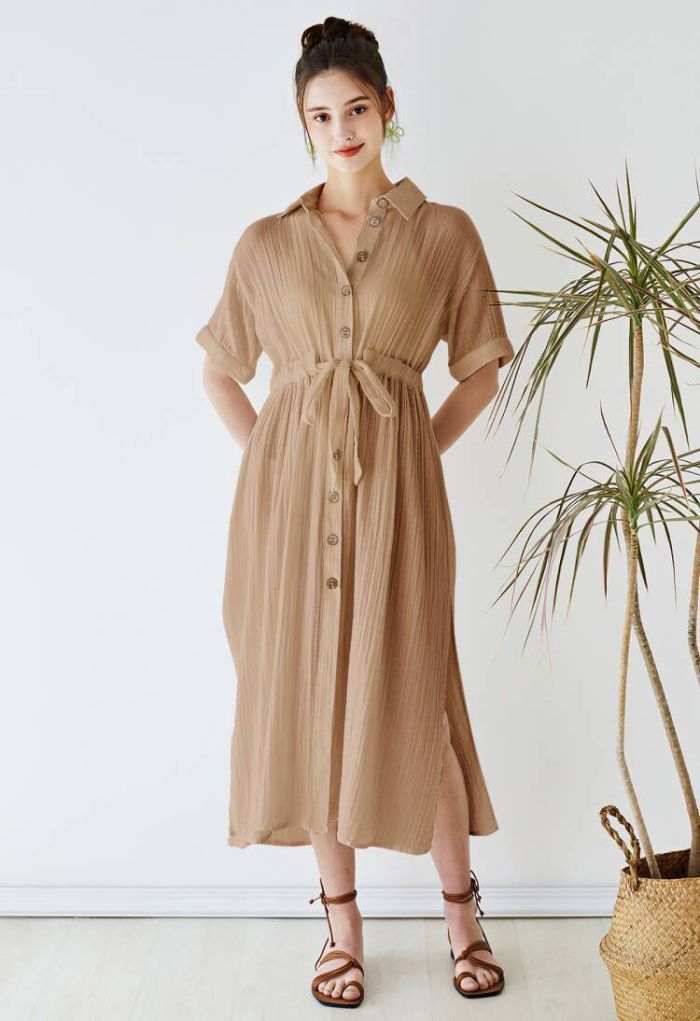Sunshine Fun Time Button Front Shirt Dress in Tan