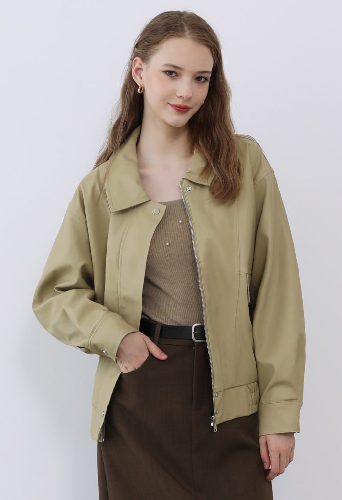 Fake Flap Pocket Faux Leather Jacket in Camel