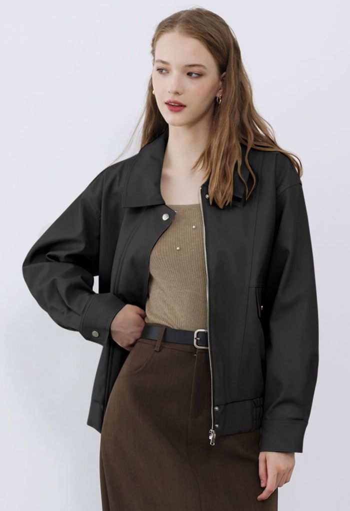 Fake Flap Pocket Faux Leather Jacket in Black