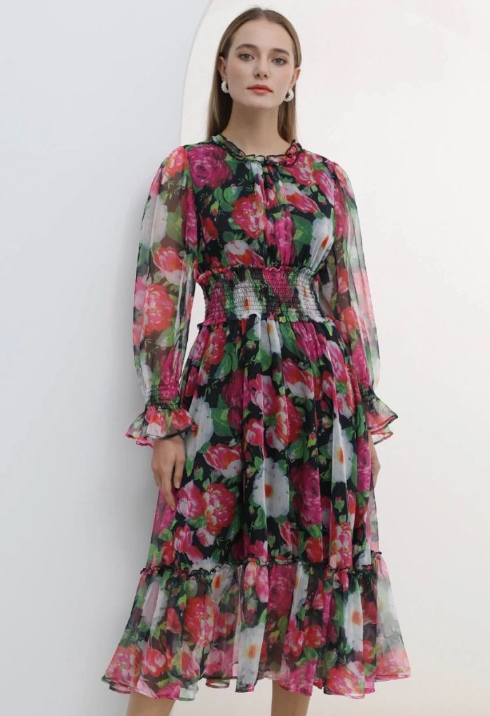 Pink Floral Shirred Waist Chiffon Dress