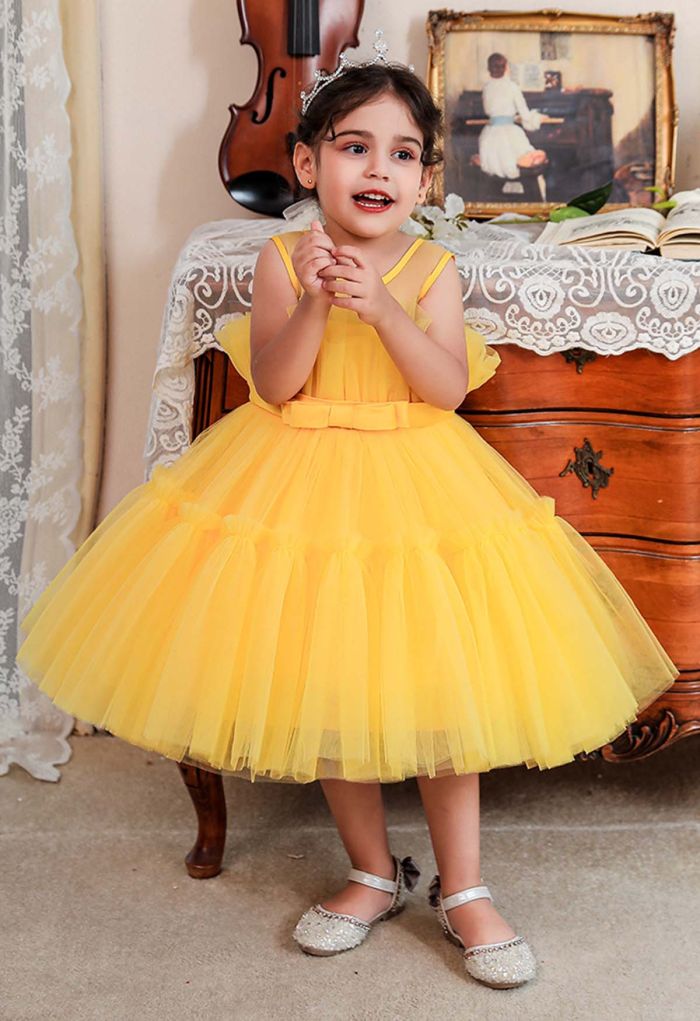Bowknot Waist Tulle Dress in Yellow for Kids