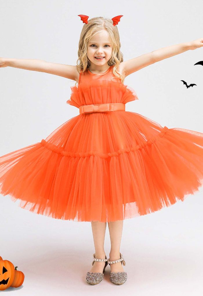 Bowknot Waist Tulle Dress in Orange for Kids