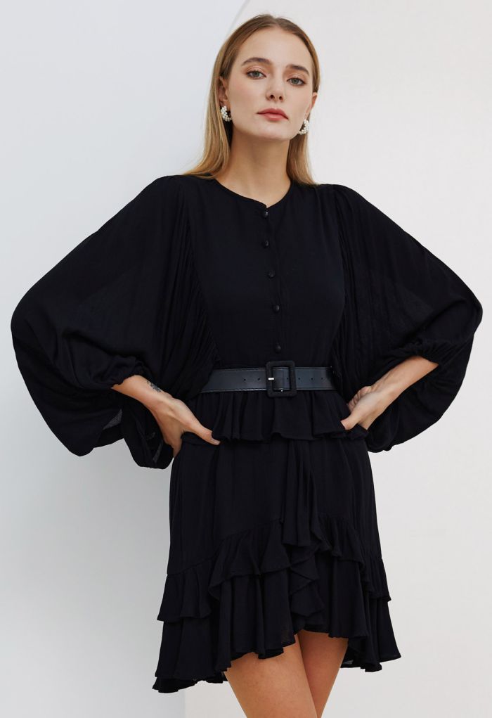 Exaggerated Bubble Sleeve Belted Ruffle Dress in Black