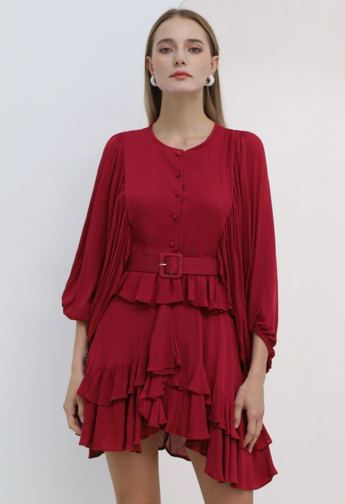 Exaggerated Bubble Sleeve Belted Ruffle Dress in Red